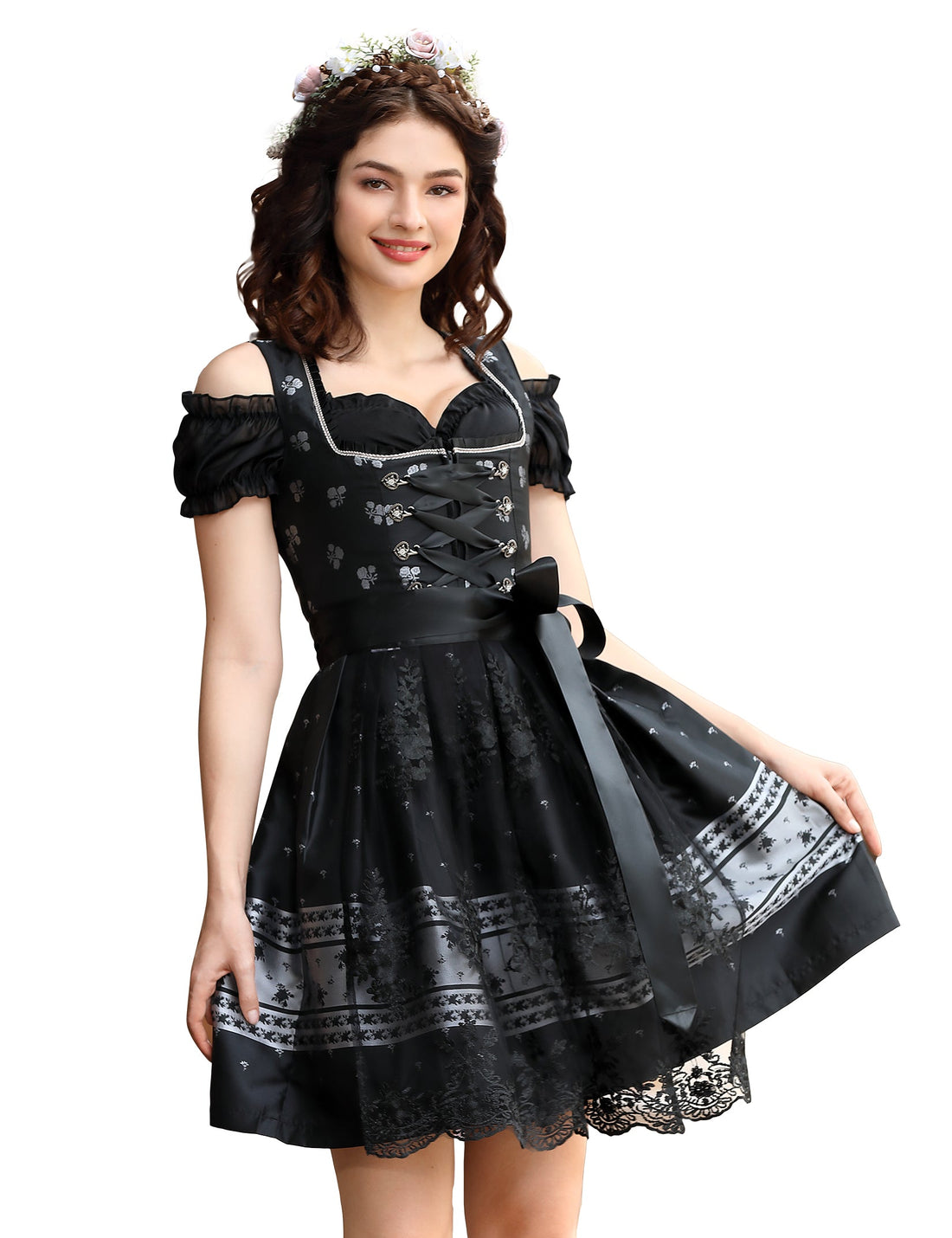 Garvee Dirndl - Abito tradizionale midi da donna in 3 pezzi con pizzo per l'Oktoberfest e le occasioni speciali, nero, taglia 38