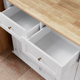 Garvee Carrello Isola da Cucina con Piano in Legno Massello, Ruote Bloccabili, Cassetto e Armadietto, Porta Spezie e Asciugamano, Bianco, Mobile Multiuso per Cucina
