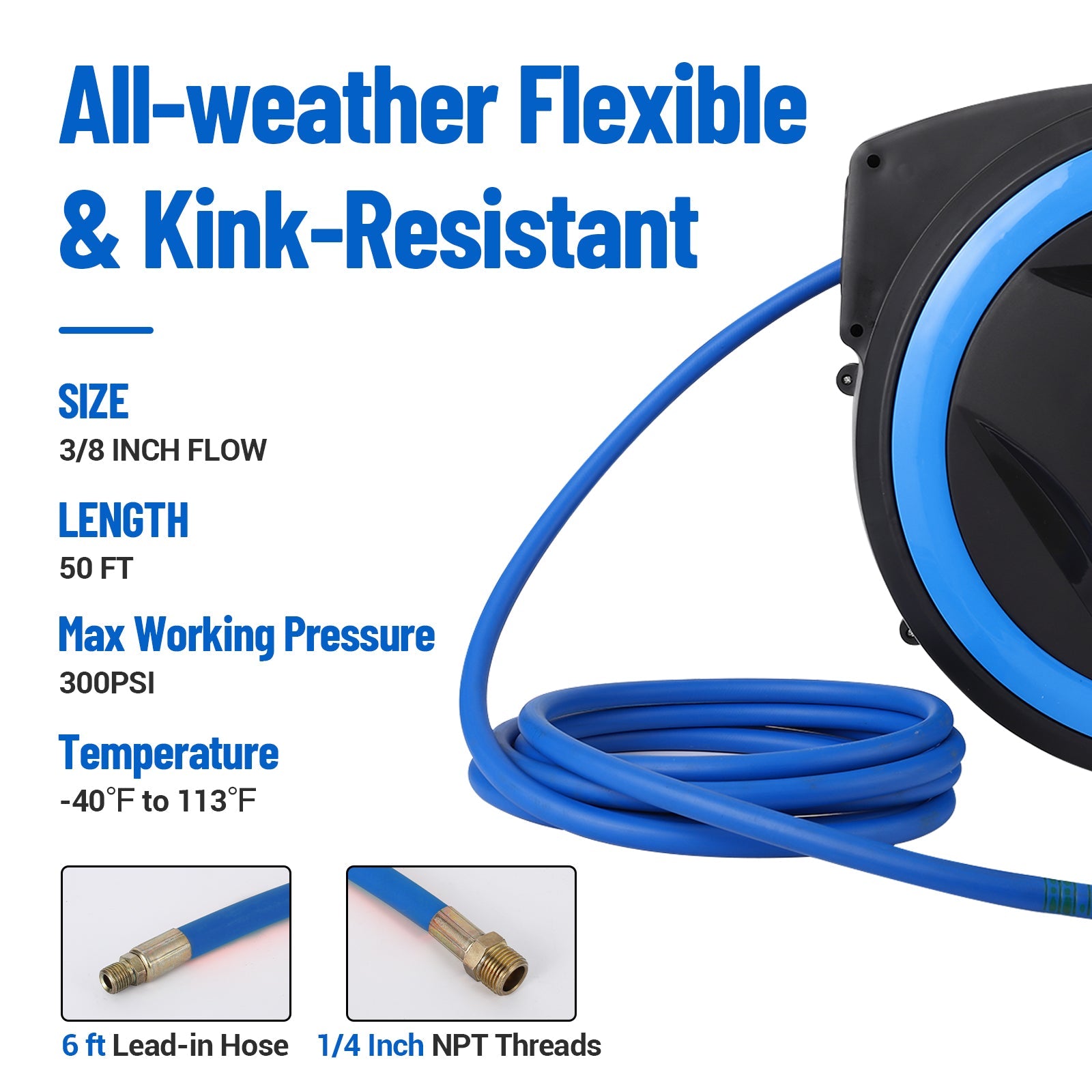 Avvolgitubo per compressore d'aria ibrido Garvee da 3/8" x 50 piedi con meccanismo di bloccaggio automatico per officina e garage, tubo flessibile, nero