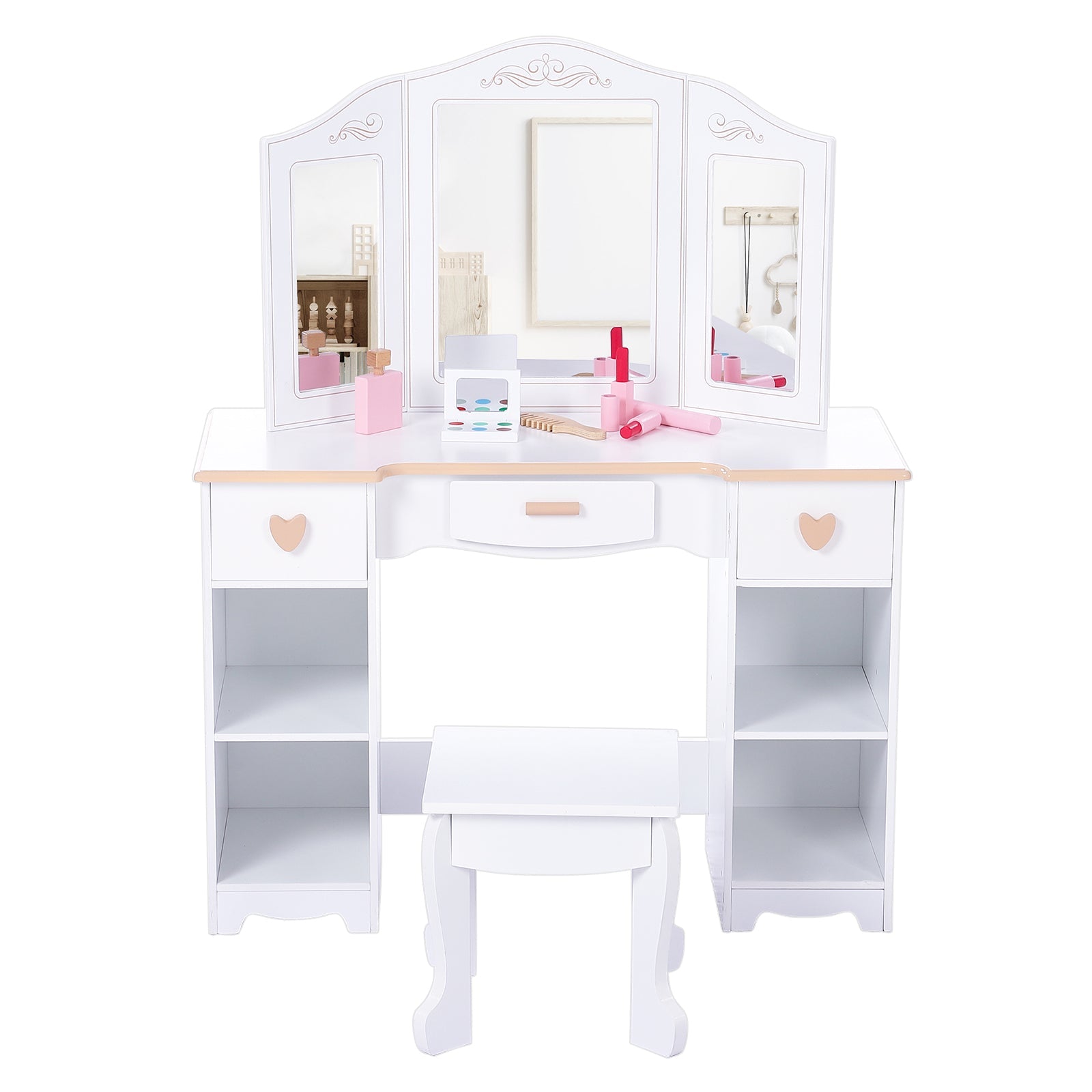 Tavolo da toeletta per bambini Garvee con specchio a tre scomparti, spazio di archiviazione e bordi arrotondati, legno MDF, bianco, per bambine dai 3 ai 9 anni, soggiorno e camera da letto