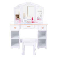 Tavolo da toeletta per bambini Garvee con specchio a tre scomparti, spazio di archiviazione e bordi arrotondati, legno MDF, bianco, per bambine dai 3 ai 9 anni, soggiorno e camera da letto