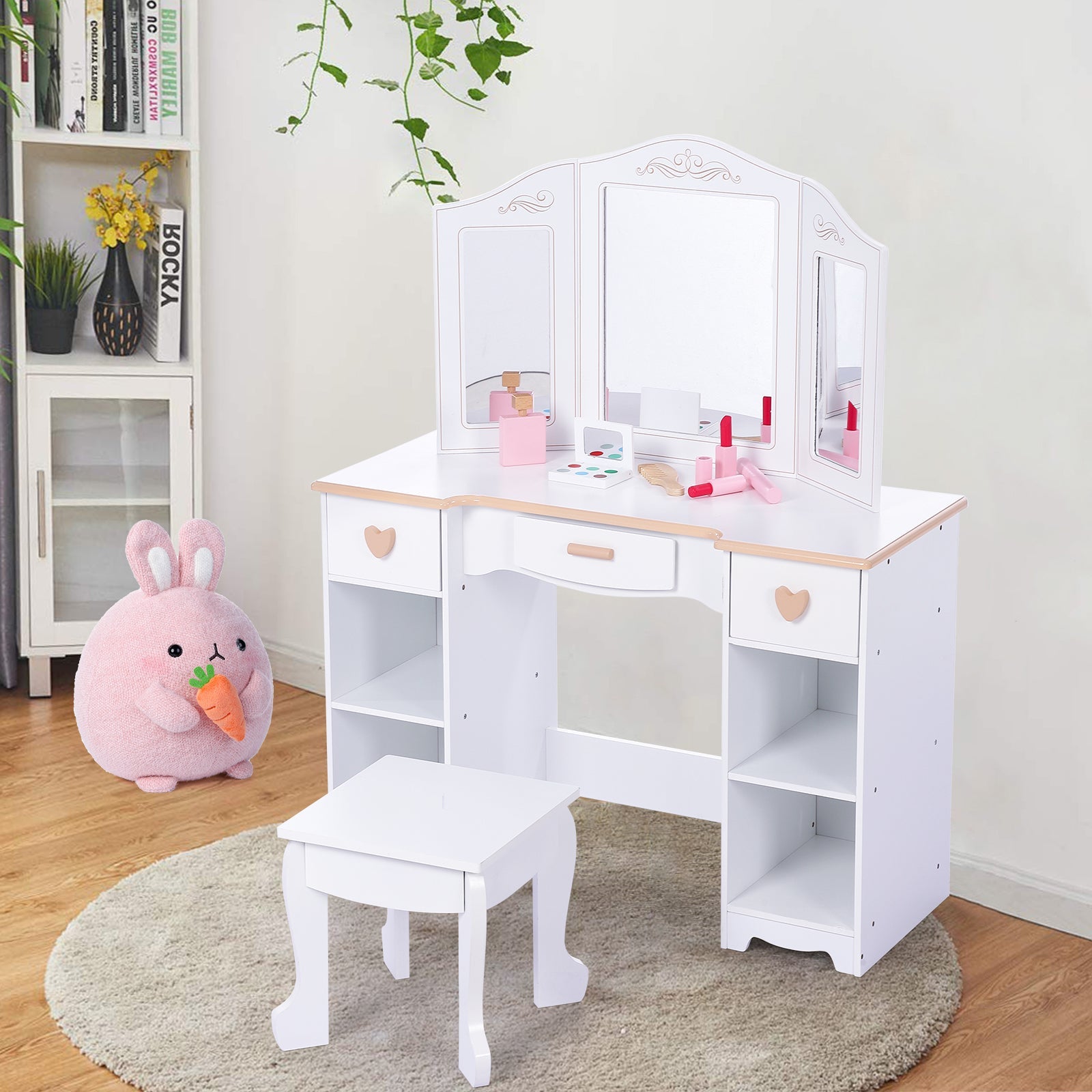 Tavolo da toeletta per bambini Garvee con specchio a tre scomparti, spazio di archiviazione e bordi arrotondati, legno MDF, bianco, per bambine dai 3 ai 9 anni, soggiorno e camera da letto