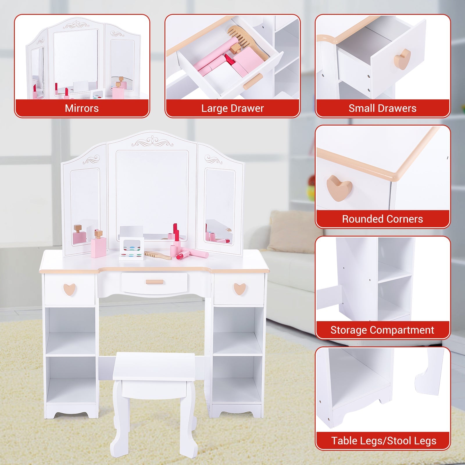 Tavolo da toeletta per bambini Garvee con specchio a tre scomparti, spazio di archiviazione e bordi arrotondati, legno MDF, bianco, per bambine dai 3 ai 9 anni, soggiorno e camera da letto