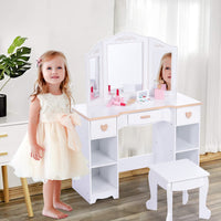 Tavolo da toeletta per bambini Garvee con specchio a tre scomparti, spazio di archiviazione e bordi arrotondati, legno MDF, bianco, per bambine dai 3 ai 9 anni, soggiorno e camera da letto