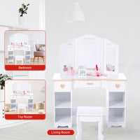 Tavolo da toeletta per bambini Garvee con specchio a tre scomparti, spazio di archiviazione e bordi arrotondati, legno MDF, bianco, per bambine dai 3 ai 9 anni, soggiorno e camera da letto