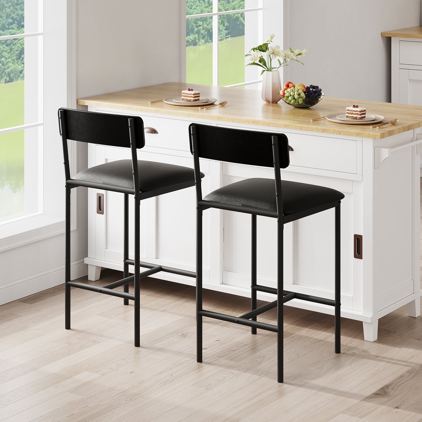 Set di 2 ripiani nel bar Garvee, sedute nel bar della cucina con poggiapiedi, imbottiti, guide ergonomiche, MDF e acciaio, nero rustico, stabili, per banconi e isole