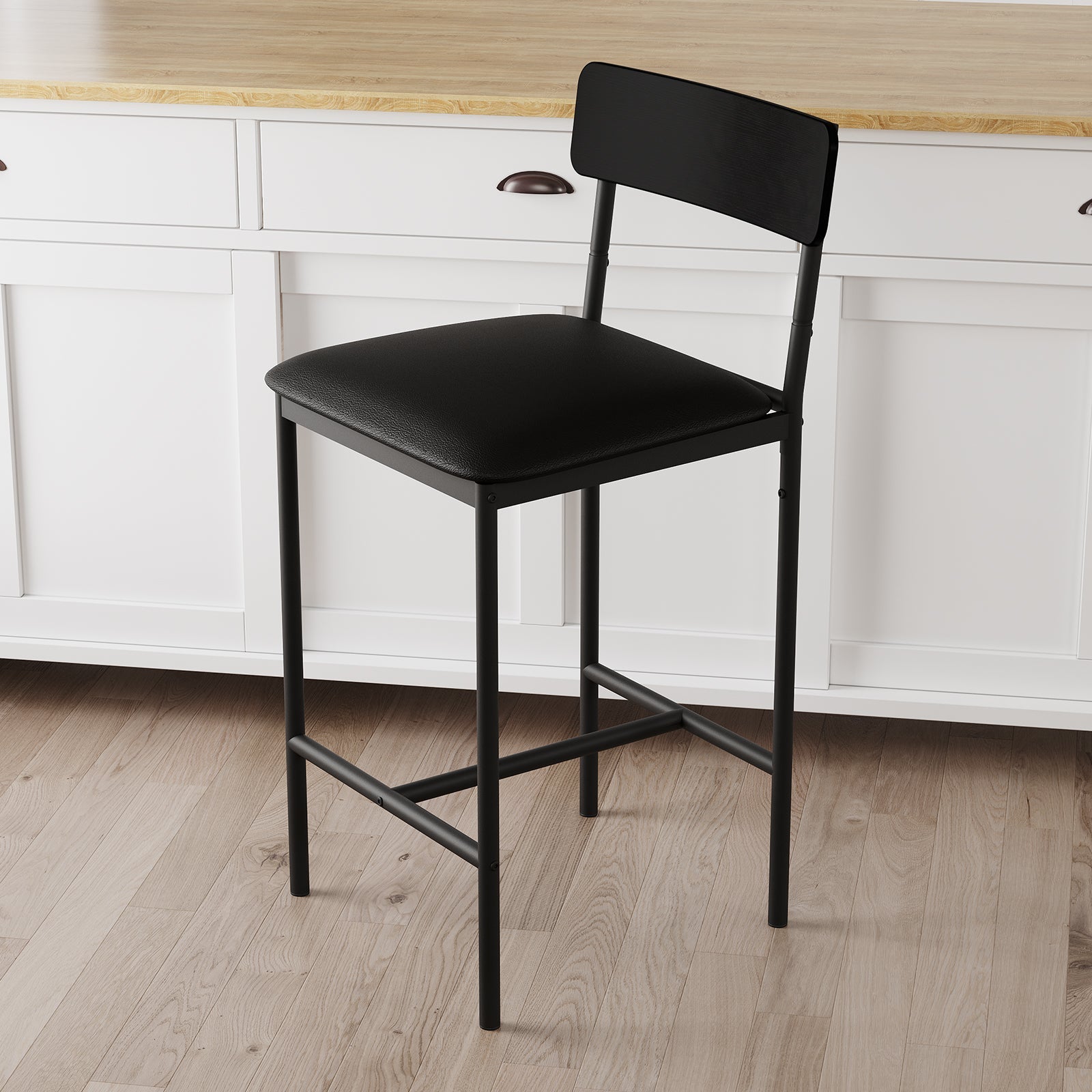 Set di 2 ripiani nel bar Garvee, sedute nel bar della cucina con poggiapiedi, imbottiti, guide ergonomiche, MDF e acciaio, nero rustico, stabili, per banconi e isole