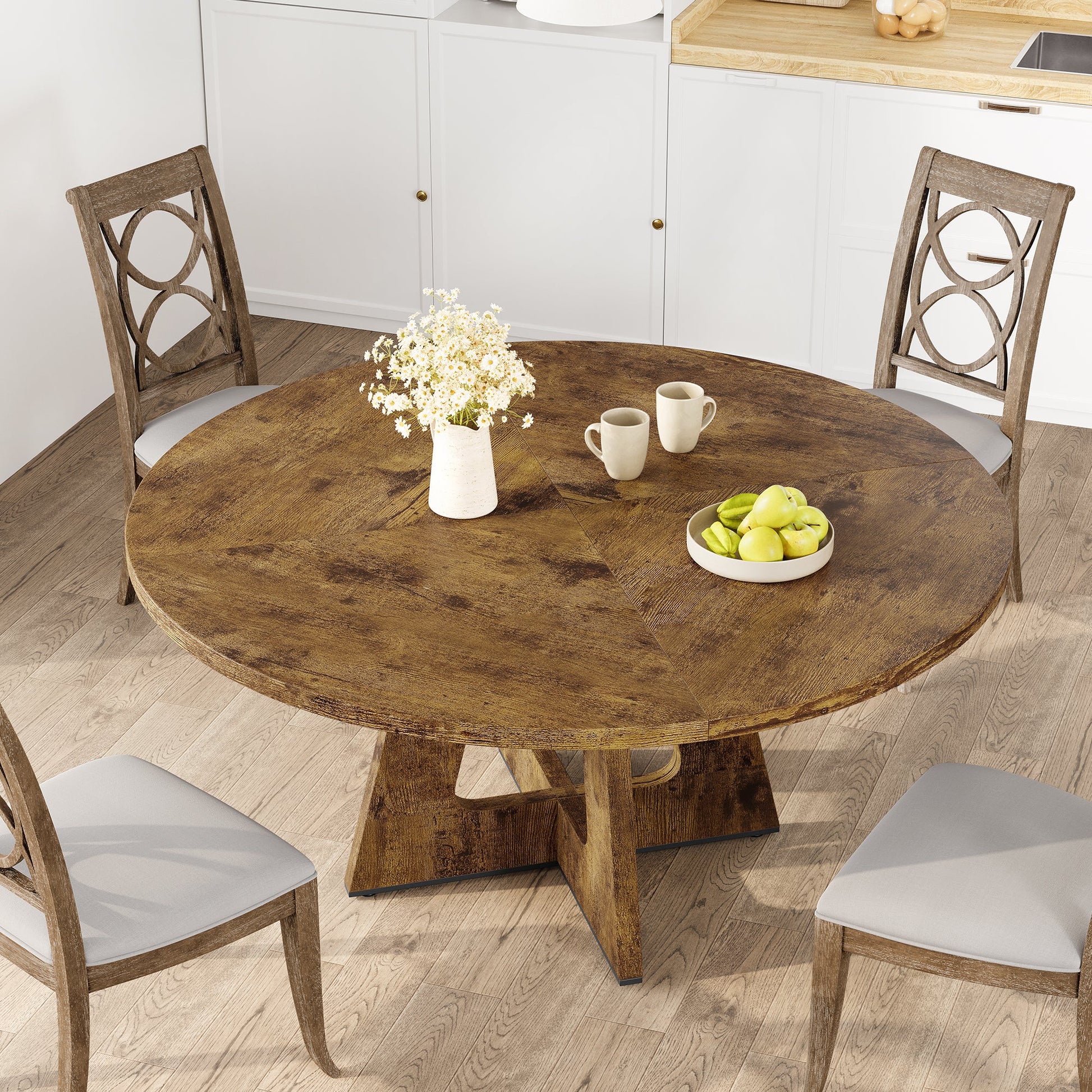 Tavolo da pranzo rotondo Garvee da 47" per 4-6 persone, stile rustico, robusto pannello MDF, piedini antiscivolo regolabili, legno, cucina e sala da pranzo