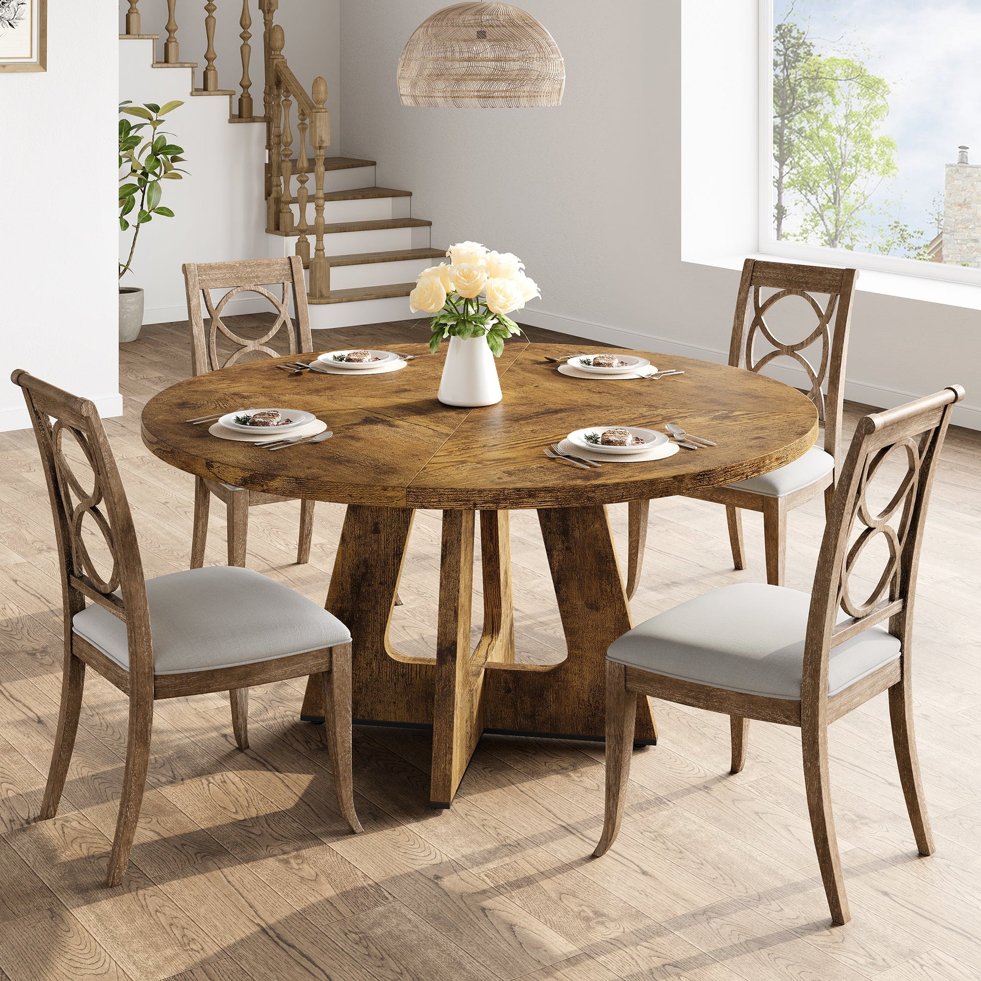 Tavolo da pranzo rotondo Garvee da 47" per 4-6 persone, stile rustico, robusto pannello MDF, piedini antiscivolo regolabili, legno, cucina e sala da pranzo