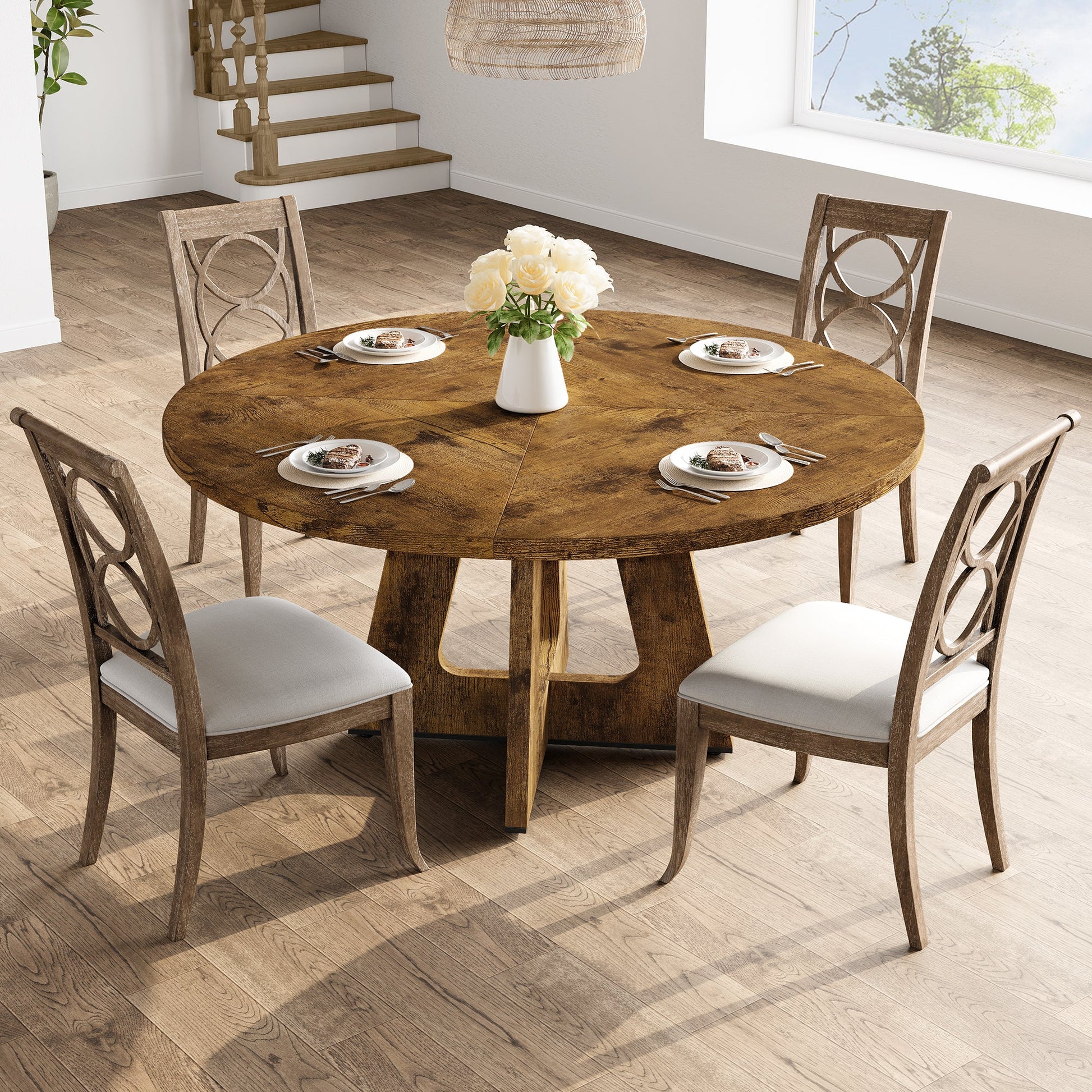 Tavolo da pranzo rotondo Garvee da 47" per 4-6 persone, stile rustico, robusto pannello MDF, piedini antiscivolo regolabili, legno, cucina e sala da pranzo