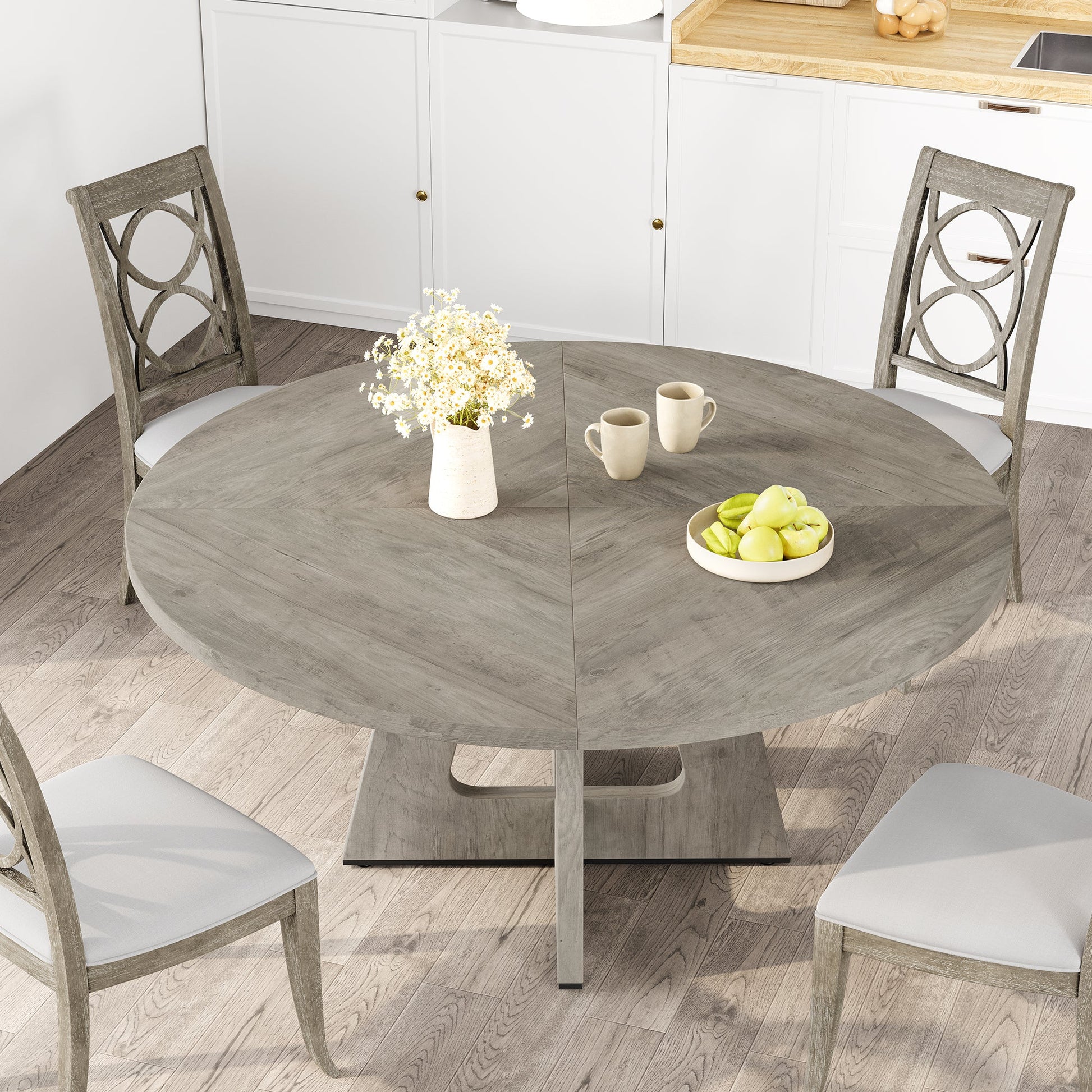 Tavolo da pranzo rotondo Garvee da 47" per 4-6 persone, stile rustico, piano in MDF robusto, gambe in legno, piedini antiscivolo regolabili, grigio, sala da pranzo e cucina