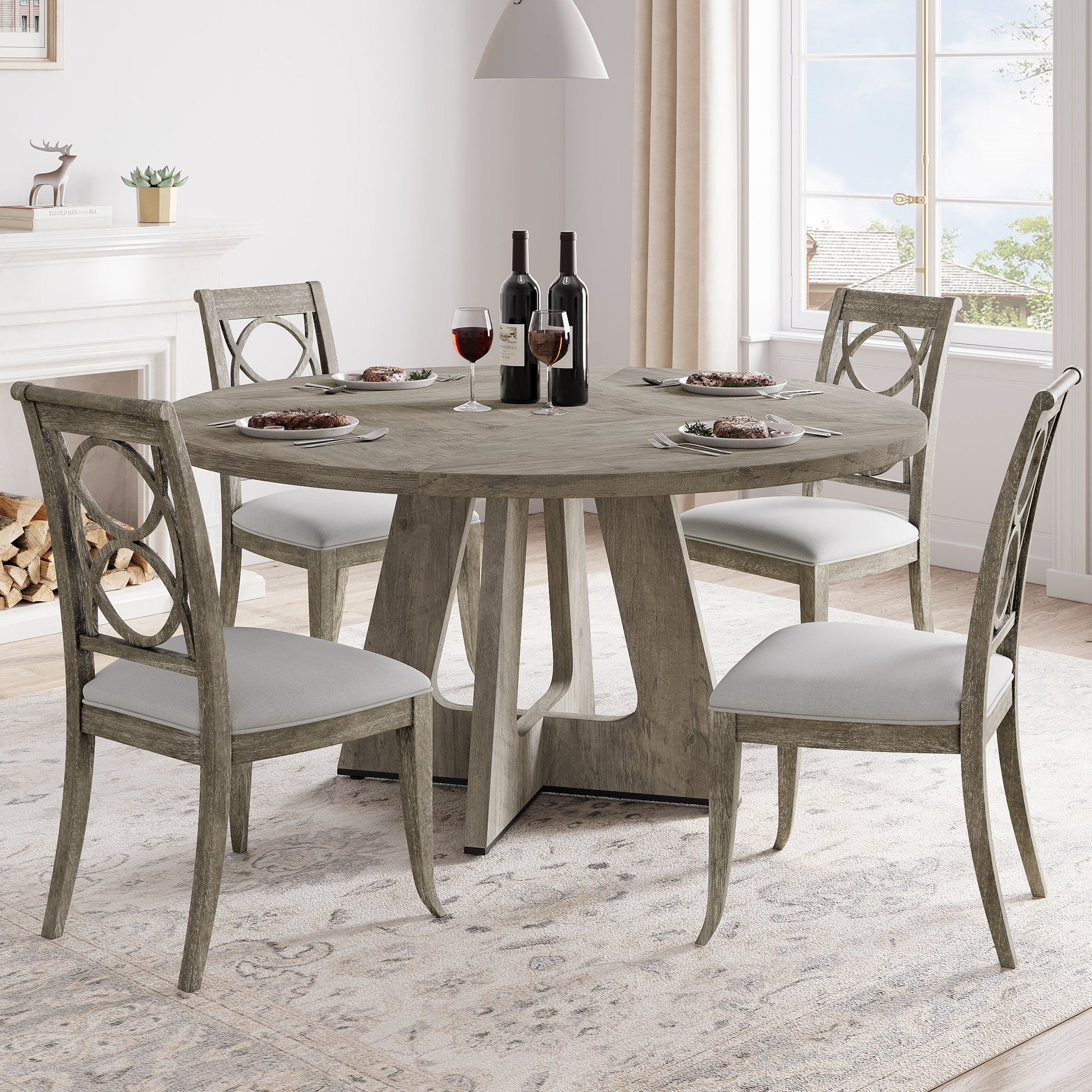 Tavolo da pranzo rotondo Garvee da 47" per 4-6 persone, stile rustico, piano in MDF robusto, gambe in legno, piedini antiscivolo regolabili, grigio, sala da pranzo e cucina