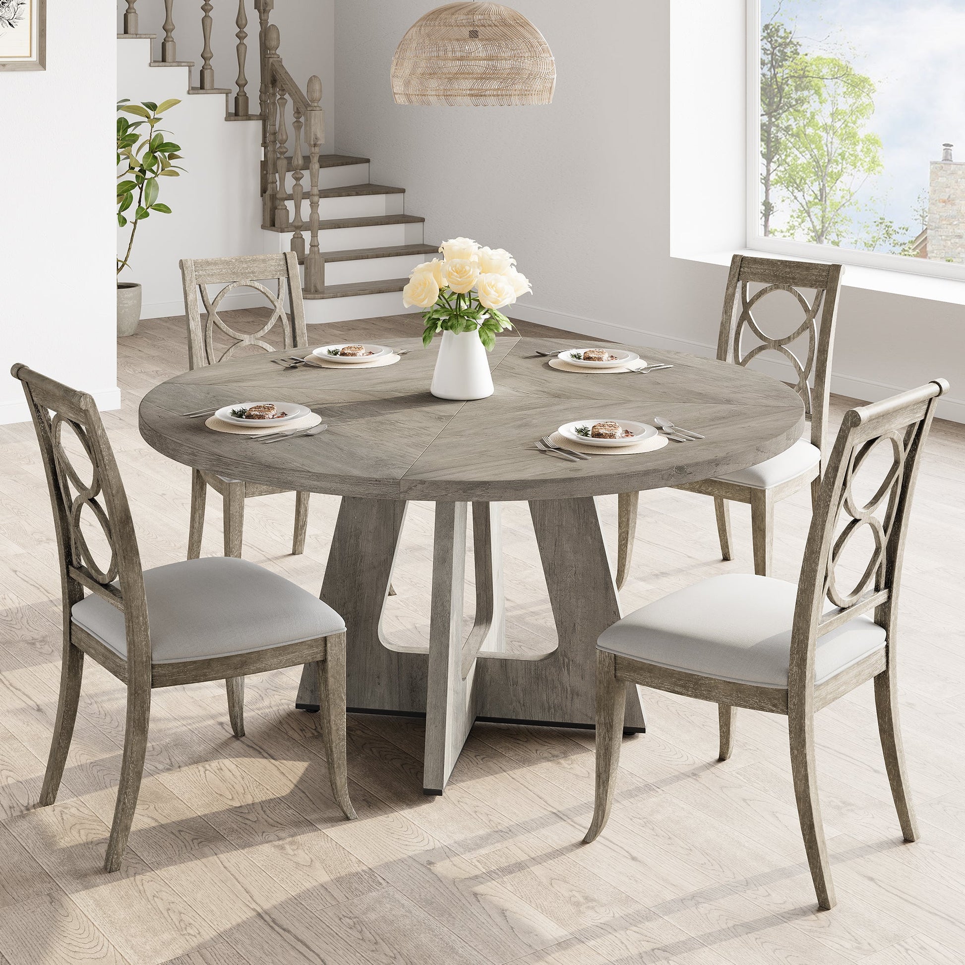 Tavolo da pranzo rotondo Garvee da 47" per 4-6 persone, stile rustico, piano in MDF robusto, gambe in legno, piedini antiscivolo regolabili, grigio, sala da pranzo e cucina