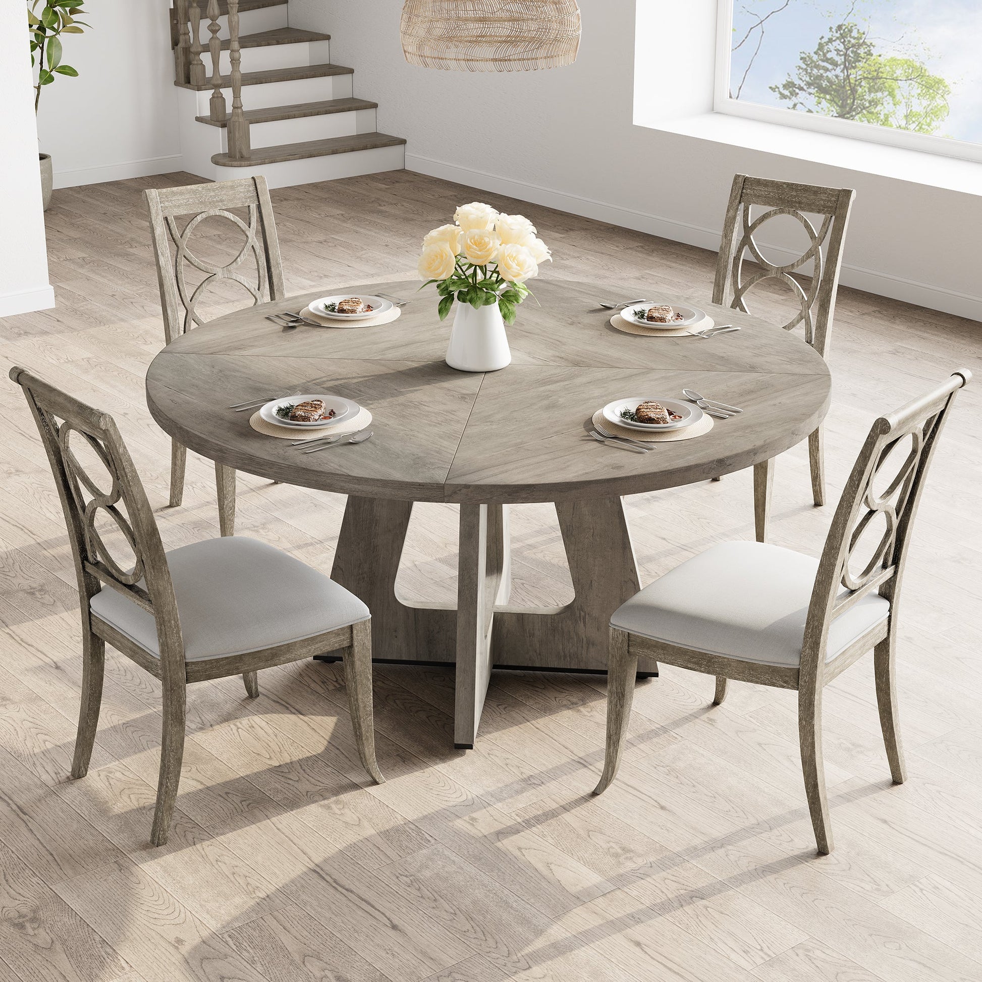 Tavolo da pranzo rotondo Garvee da 47" per 4-6 persone, stile rustico, piano in MDF robusto, gambe in legno, piedini antiscivolo regolabili, grigio, sala da pranzo e cucina