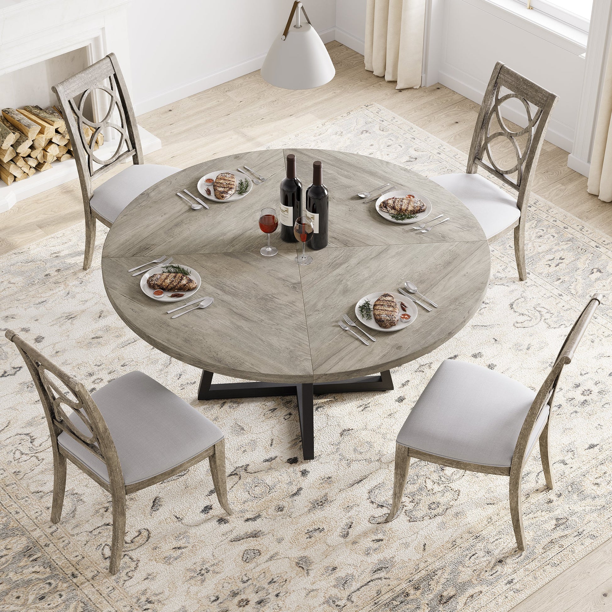 Tavolo da pranzo rotondo GARVEE da 47 pollici, grande tavolo in legno, stile industriale, legno MDF e metallo, tavolo grigio, per sala da pranzo e soggiorno