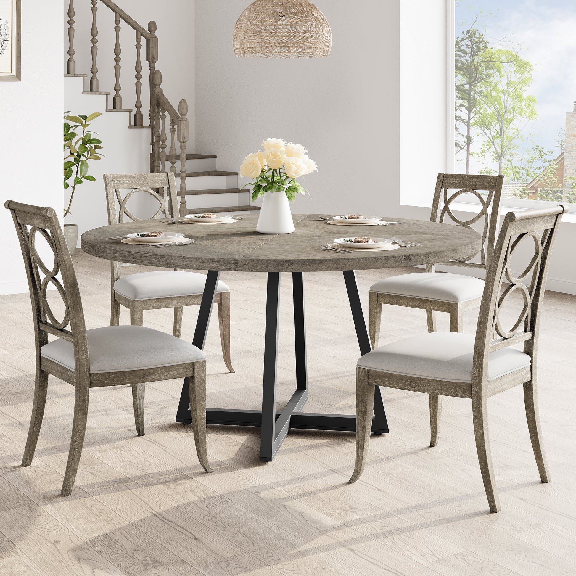 Tavolo da pranzo rotondo GARVEE da 47 pollici, grande tavolo in legno, stile industriale, legno MDF e metallo, tavolo grigio, per sala da pranzo e soggiorno