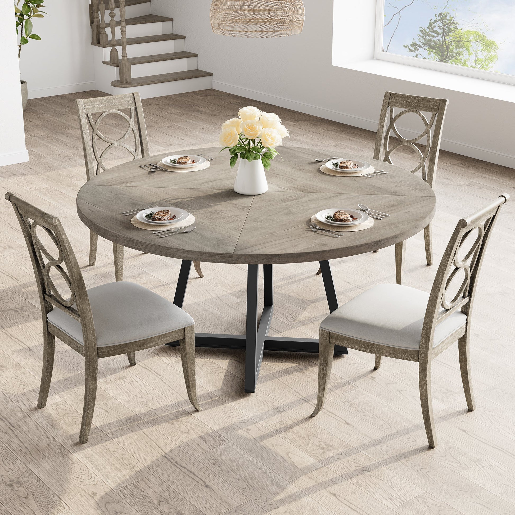 Tavolo da pranzo rotondo GARVEE da 47 pollici, grande tavolo in legno, stile industriale, legno MDF e metallo, tavolo grigio, per sala da pranzo e soggiorno