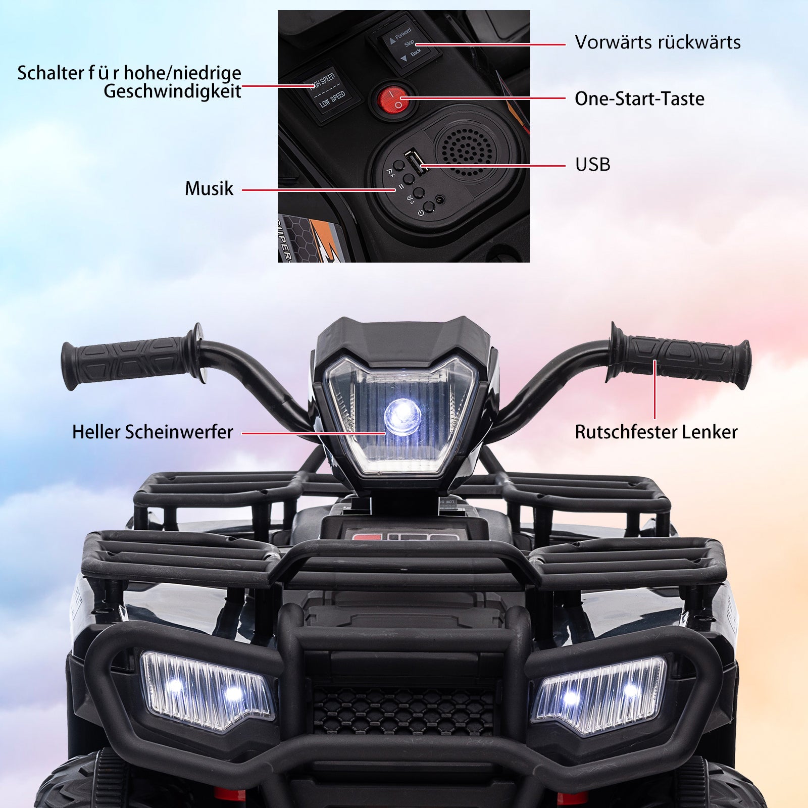 Garvee Veicolo elettrico da 12 V per bambini, nero, con luci a LED e funzione musicale per viaggi sicuri su strada, dai 3 anni in su