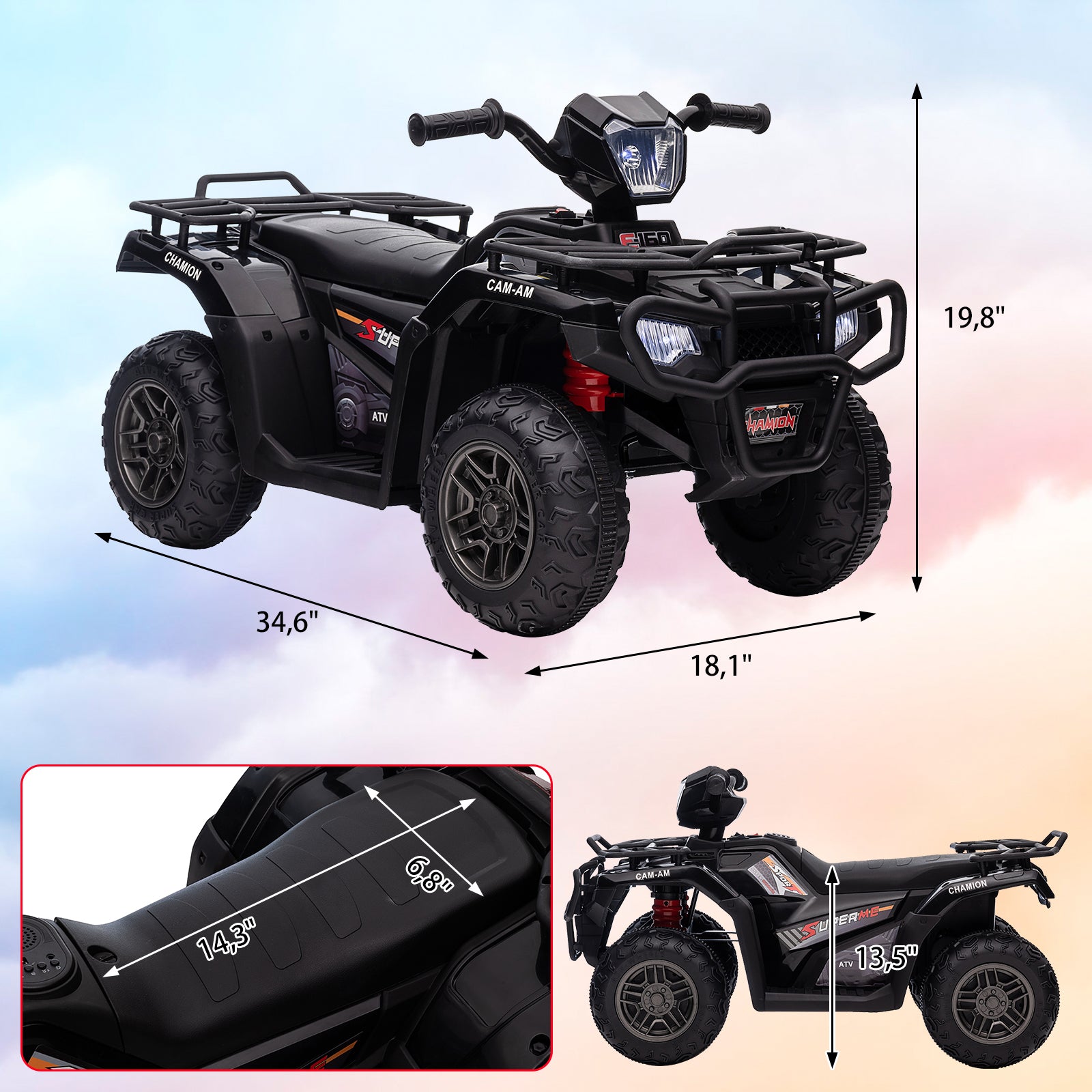 Garvee Veicolo elettrico da 12 V per bambini, nero, con luci a LED e funzione musicale per viaggi sicuri su strada, dai 3 anni in su