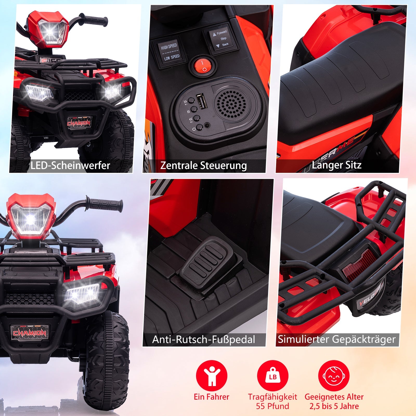 Giocattolo elettrico Garvee da 12 V per bambini, rosso, con luci LED ed effetti sonori per divertimento al chiuso e all'aperto, dai 3 anni in su
