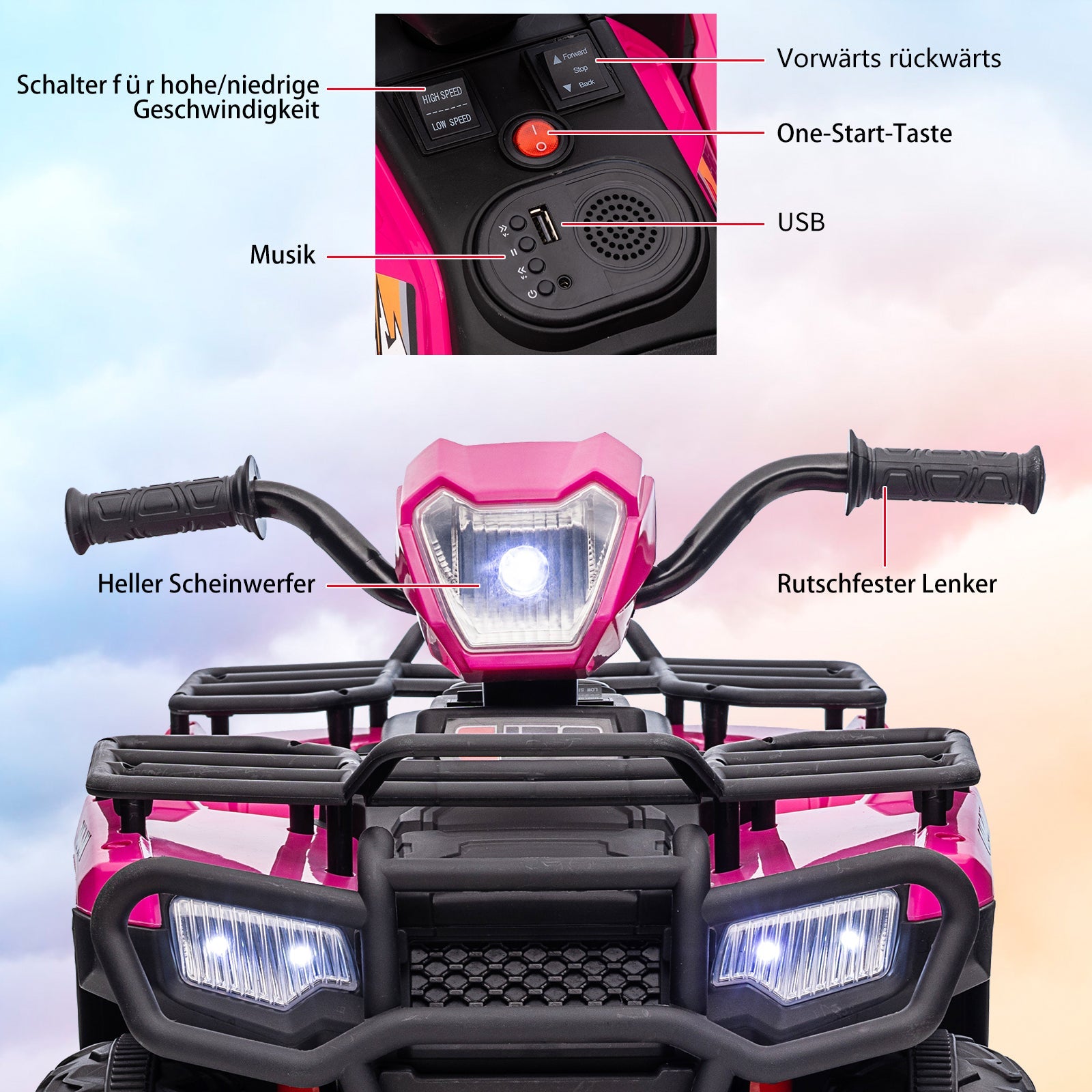 GARVEE 12V ATV elettrico per bambini - Veicolo a spinta con una velocità sicura di 2,2 mph, funzione avanti/indietro, fari a LED, musica e USB, per bambini e bambine dai 3 agli 8 anni (88 x 50