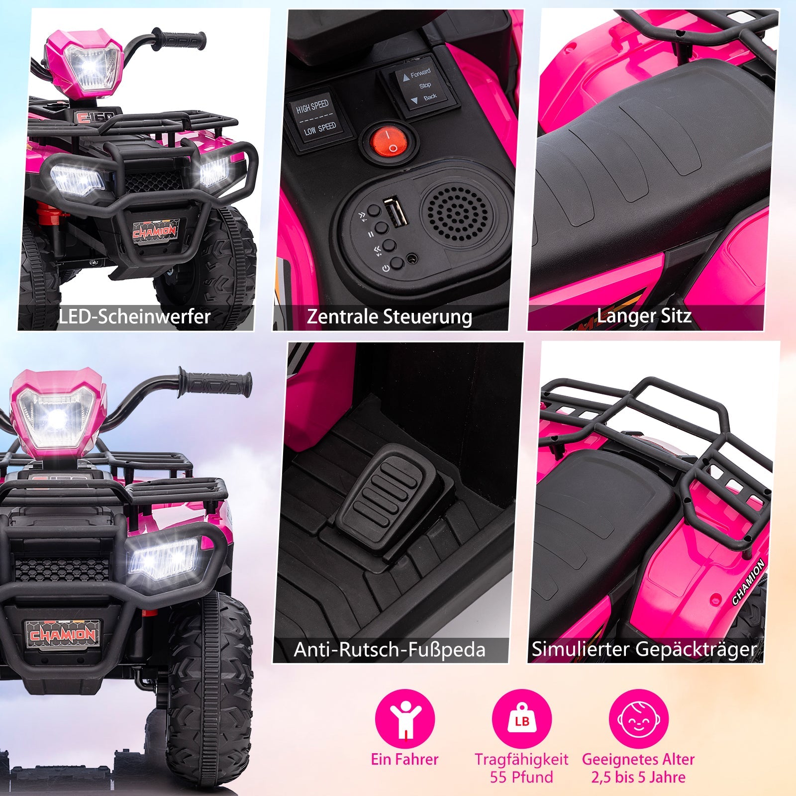 GARVEE 12V ATV elettrico per bambini - Veicolo a spinta con una velocità sicura di 2,2 mph, funzione avanti/indietro, fari a LED, musica e USB, per bambini e bambine dai 3 agli 8 anni (88 x 50