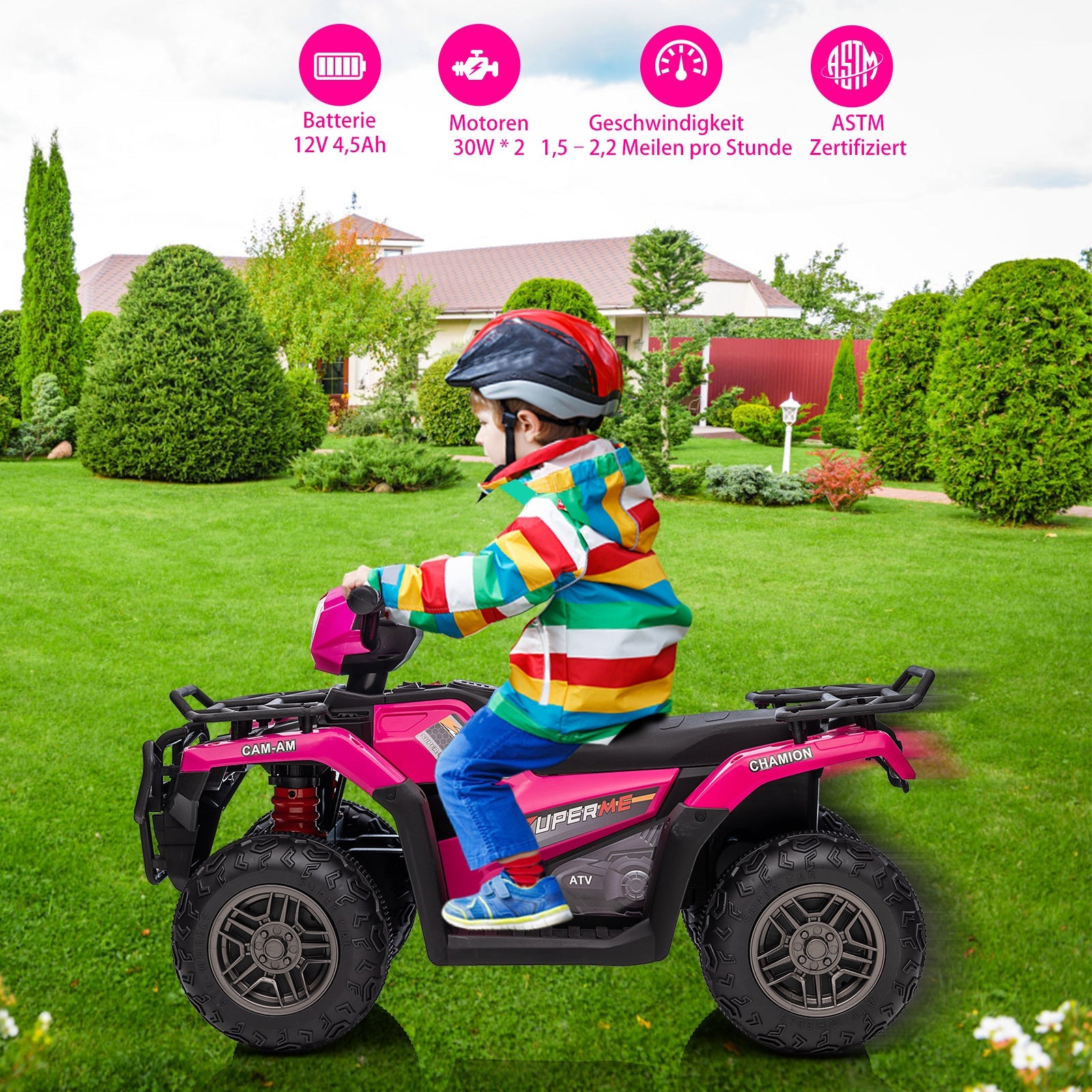GARVEE 12V ATV elettrico per bambini - Veicolo a spinta con una velocità sicura di 2,2 mph, funzione avanti/indietro, fari a LED, musica e USB, per bambini e bambine dai 3 agli 8 anni (88 x 50