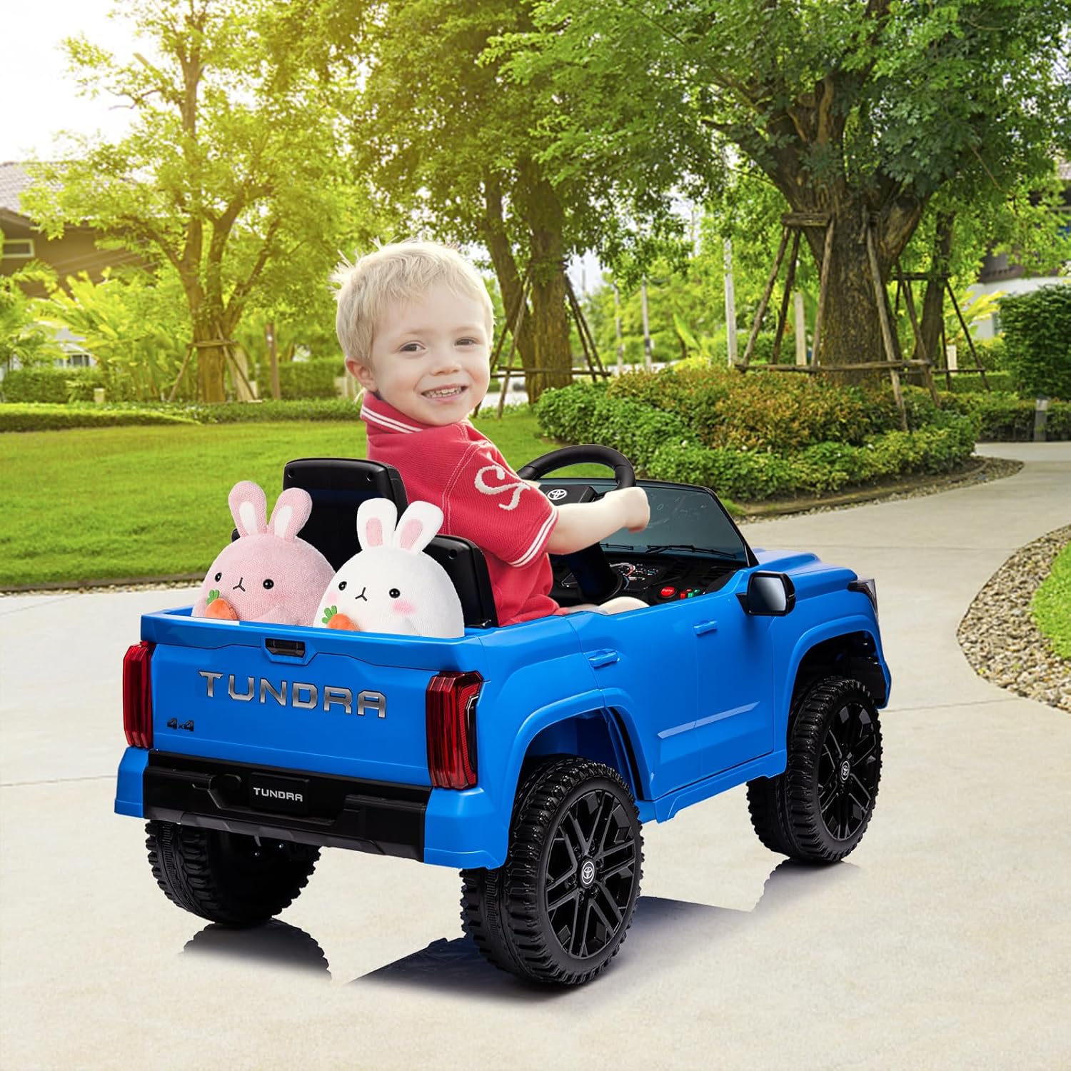 Garvee Toyota, auto elettrica per bambini, a batteria, blu, con autentico design Toyota e funzione musicale per viaggi sicuri a partire dai 3 anni, in casa e all'aperto.