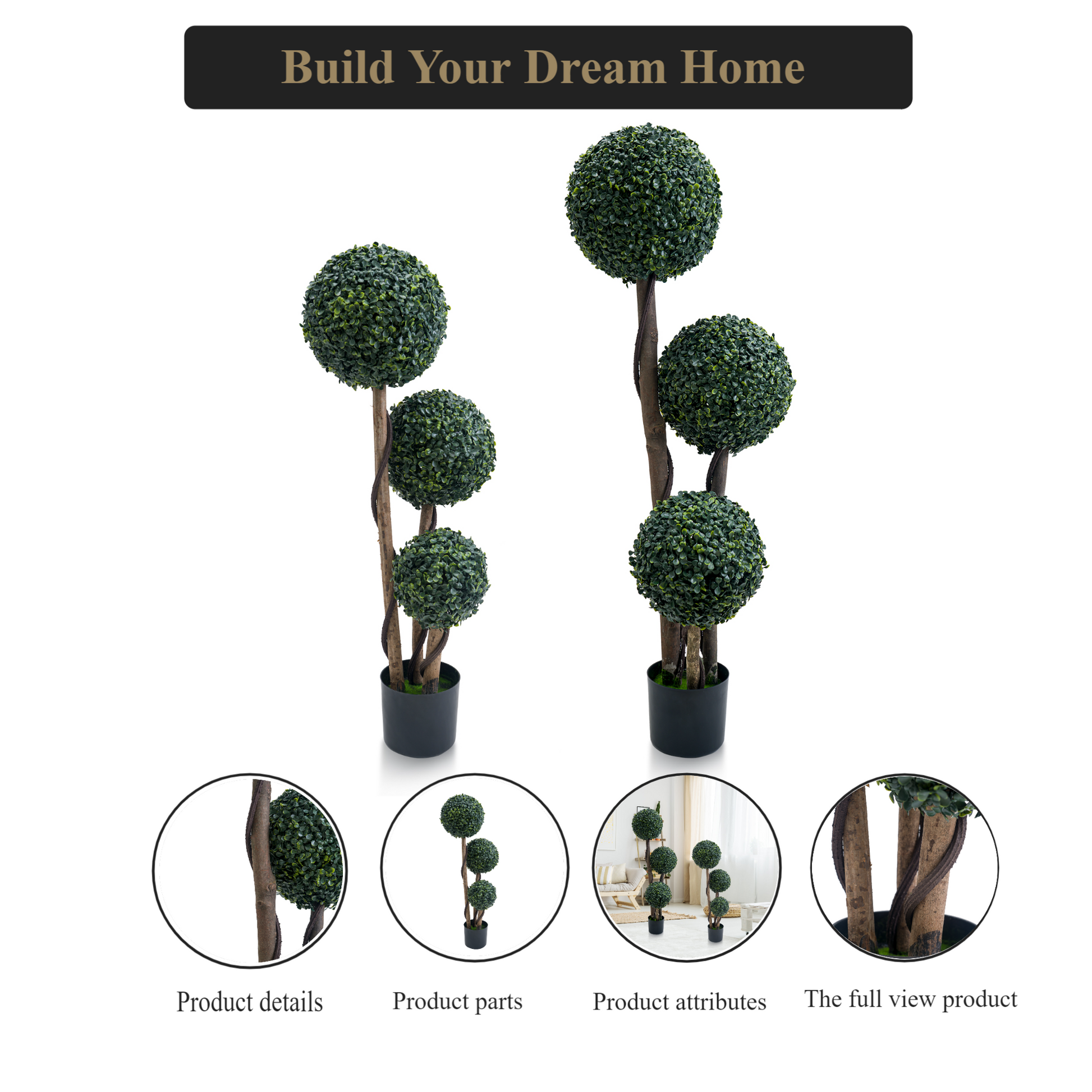 Garvee Artificiale Bosso Topiario 35 Pollici Albero a Tre Sfere in Plastica Resistente alle Intemperie per Giardino e Patio Verde