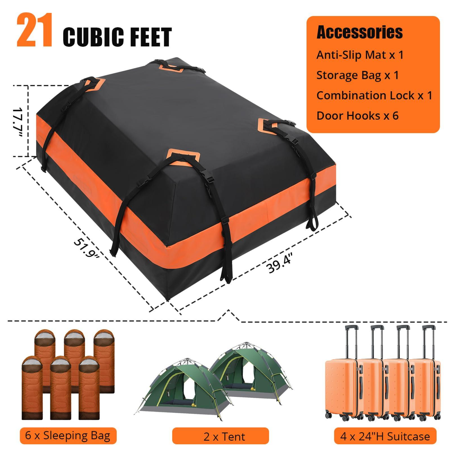 Borsa portabagagli per auto Garvee da 21 piedi cubi impermeabile con 8 cinghie rinforzate per viaggi L51,9 x L39,4 x A17,7 pollici Nero