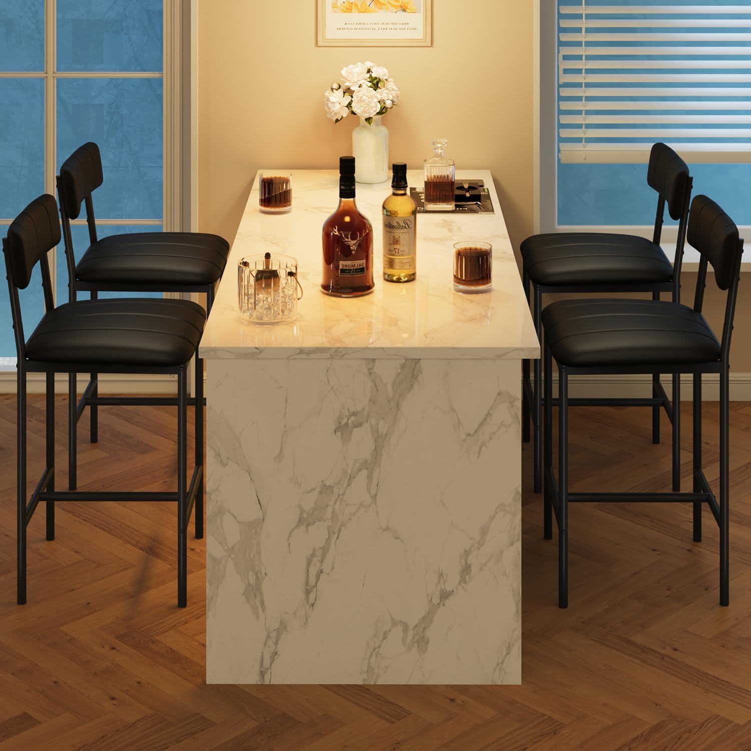 Set di 2 sgabelli da bar Garvee, imbottiti con schienale, poggiapiedi, struttura in metallo, seduta in MDF per cucina e bancone bar, nero