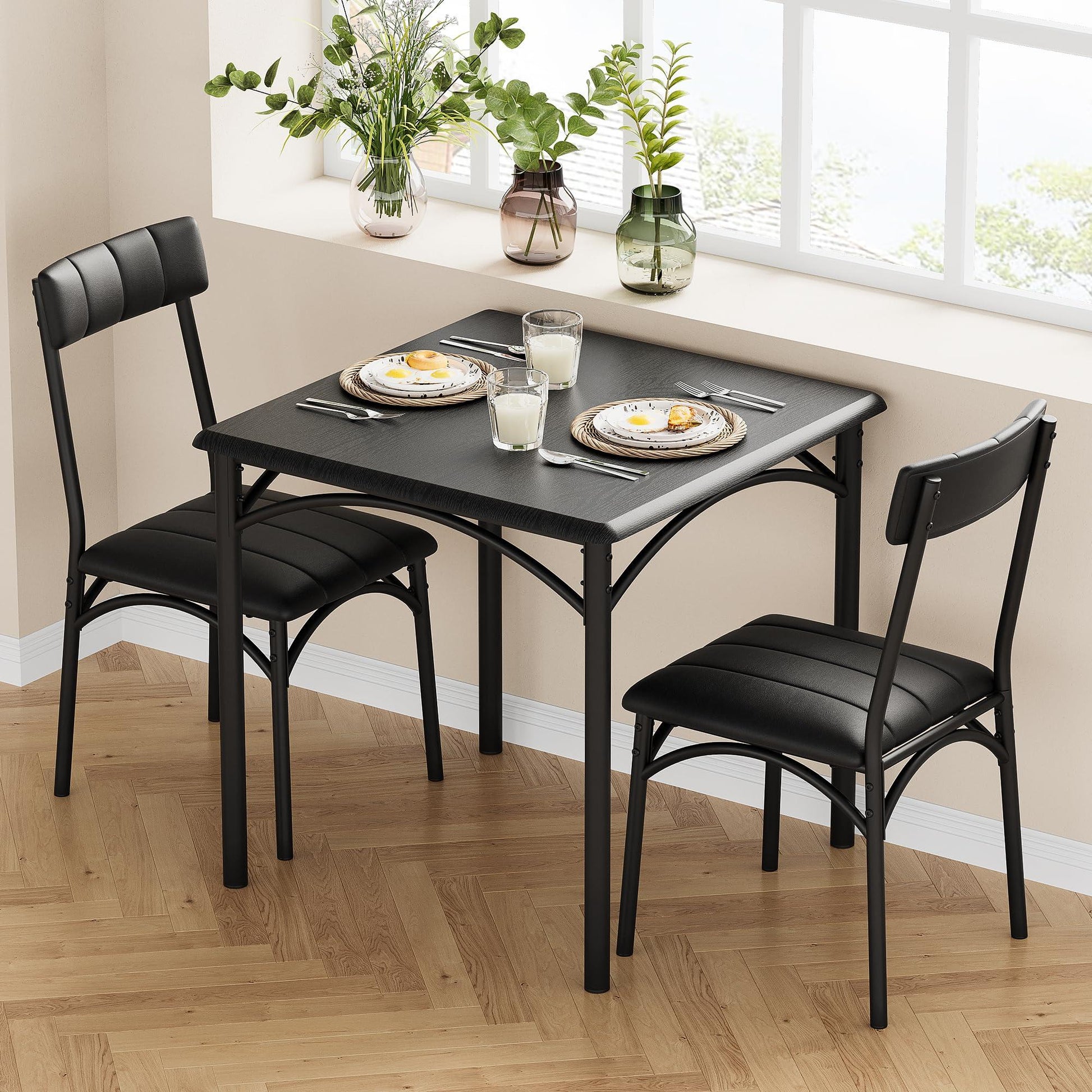 Set da pranzo Garvee da 3 pezzi per 2 persone, marrone retrò, struttura in metallo, sedie imbottite, piano in MDF, salvaspazio, stanze piccole