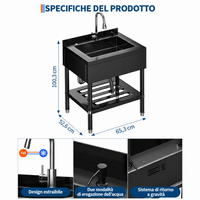 Garvee Lavello Autoportante da Lavanderia e Garage in Acciaio Inox 304 Nero Vasca Singola Profonda con Rubinetto Girevole e Doccetta Estraibile 65x53x100 cm