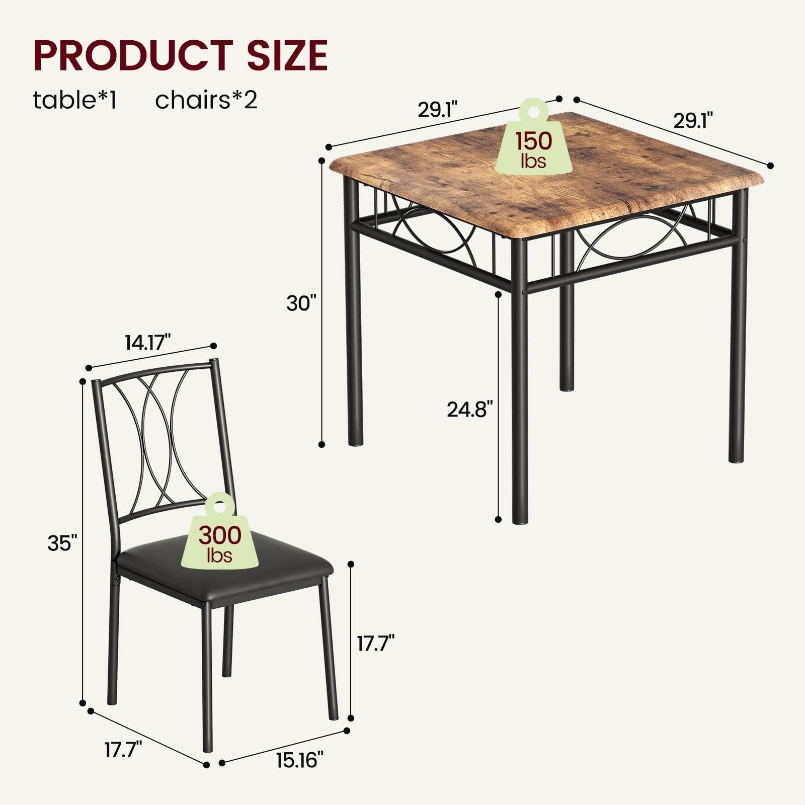 Set da pranzo Garvee da 3 pezzi per 2 persone, marrone retrò, struttura in metallo, sedie imbottite, piano in MDF, salvaspazio, stanze piccole