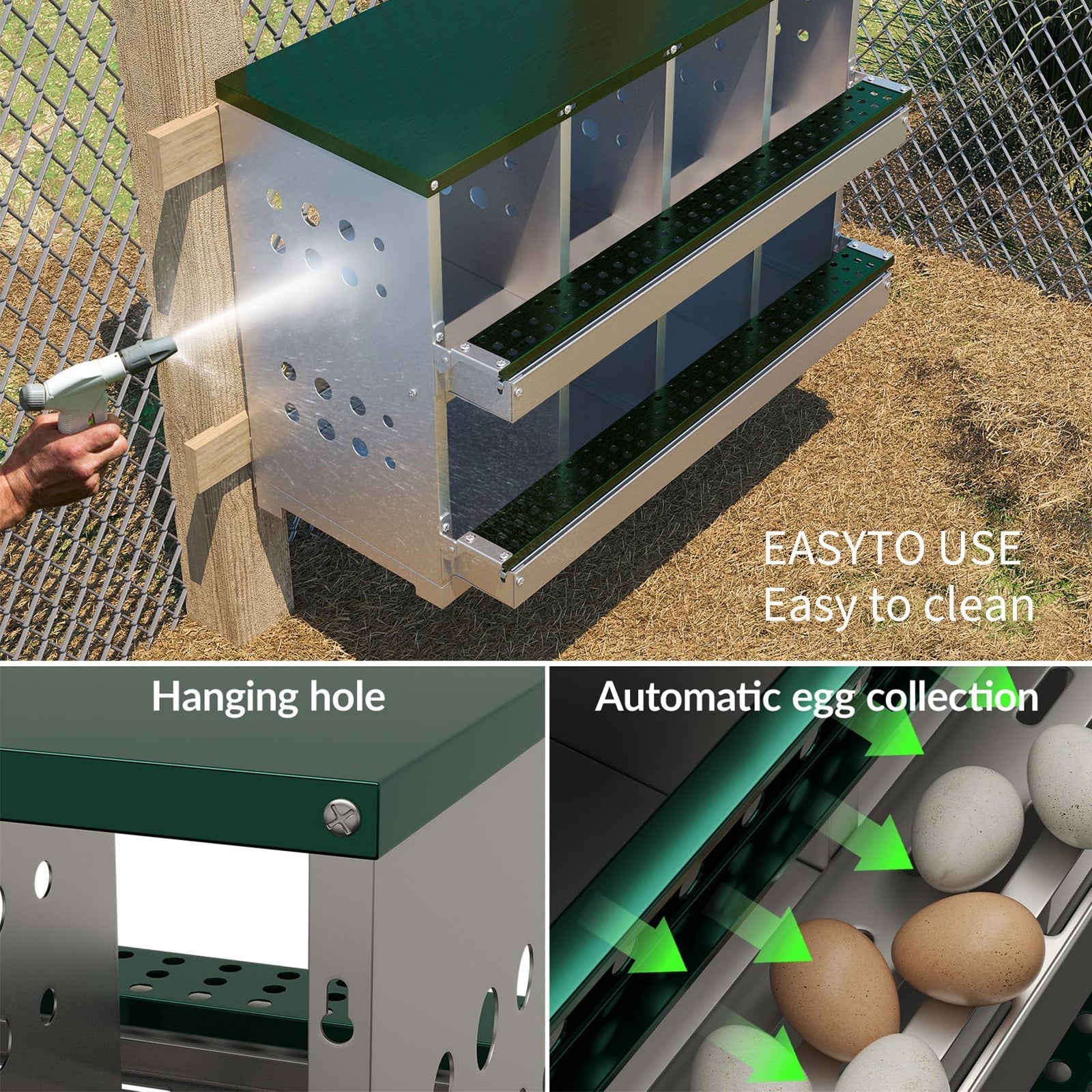 Garvee Chicken Nesting Box, pollaio zincato a 8 fori, resistente alle intemperie, verde, con 8 posti di nidificazione e struttura durevole per una produzione di uova sicura in giardino