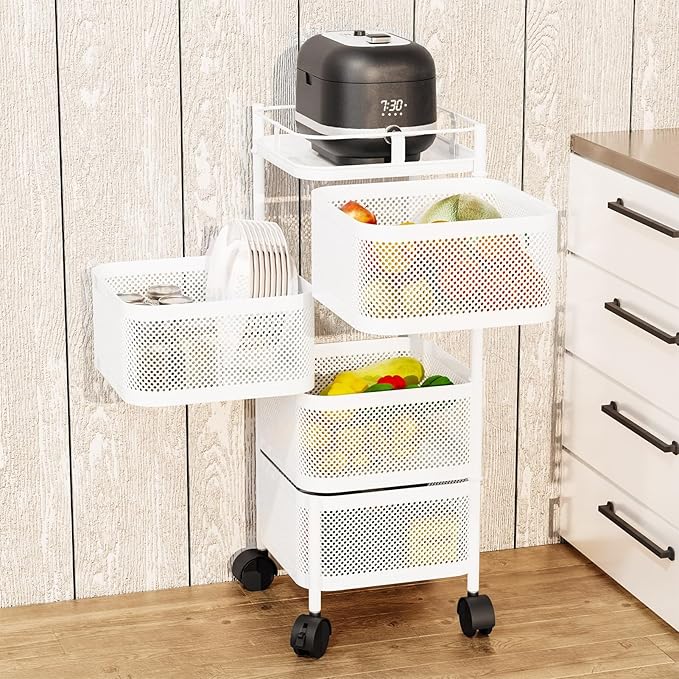Carrello da cucina con ruote in metallo bianco a 4 ripiani Garvee, 78x28x28 cm, per soluzioni di stoccaggio ampliate in cucina, cantina e officina, facile da manovrare