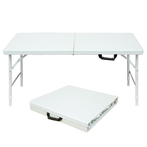 Tavolo pieghevole Garvee da 4 piedi, resistente, portatile, piedini antiscivolo, regolabile, in plastica, impermeabile, bianco, per uso interno ed esterno