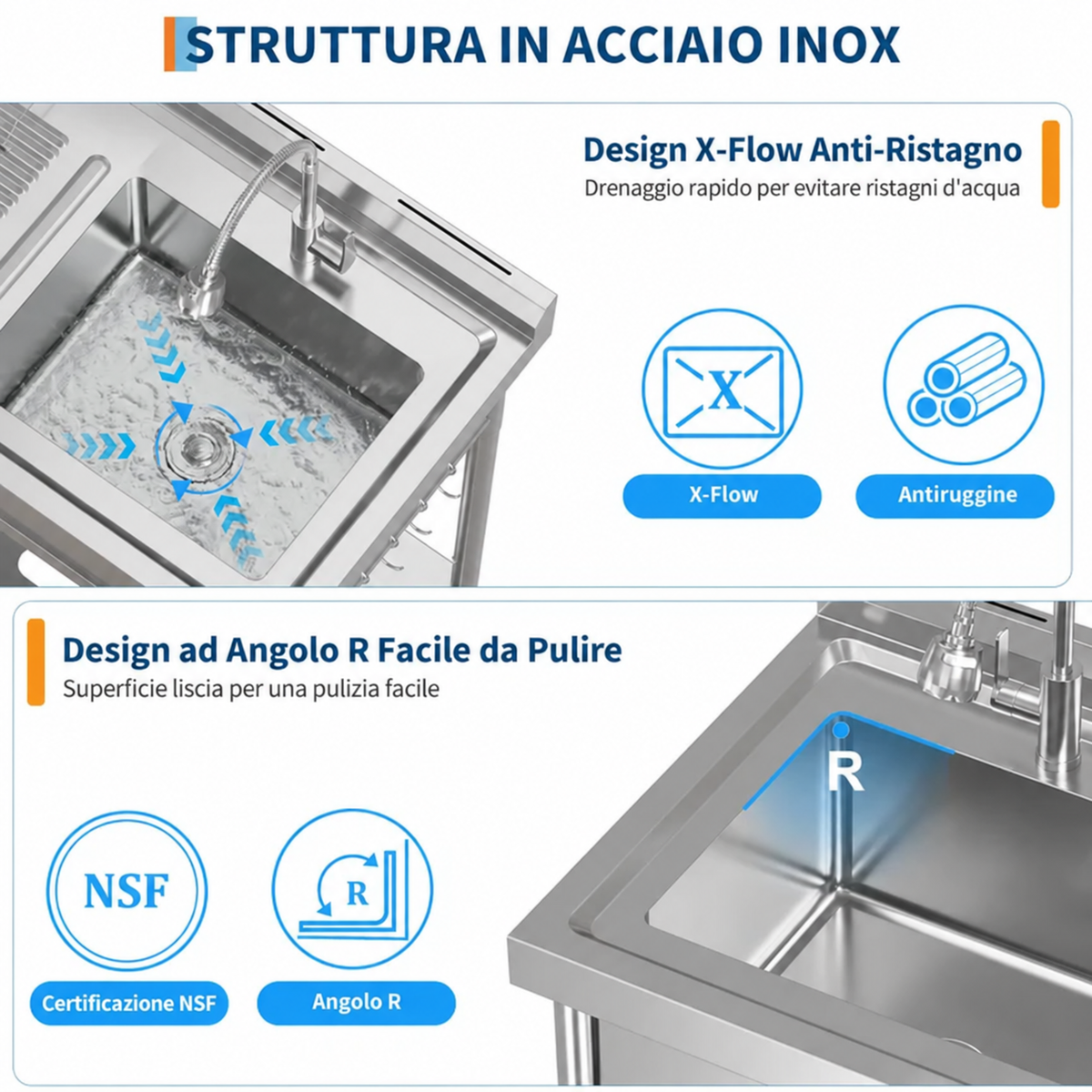 Lavabo Garvee in Acciaio Inox Fatturabile con Rubinetto Acqua Calda/Fredda, Vasca Singola, Cassetto, Indipendente per Garage e Lavanderia, Argento