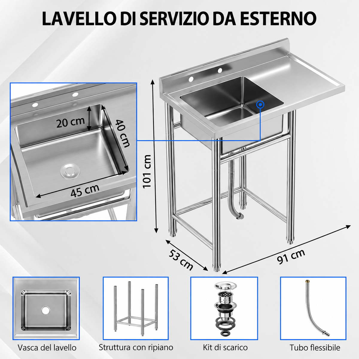 Lavello di Servizio in Acciaio Inox 304 Garvee 91x53x101 cm Fatturabile - Tavolo da Lavoro Garage Cucina con 2 Ripiani e Rubinetto Girevole