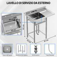 Lavello di Servizio in Acciaio Inox 304 Garvee 91x53x101 cm Fatturabile - Tavolo da Lavoro Garage Cucina con 2 Ripiani e Rubinetto Girevole