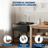 Garvee Lavello Autoportante da Lavanderia e Garage in Acciaio Inox 304 Nero Vasca Singola Profonda con Rubinetto Girevole e Doccetta Estraibile 65x53x100 cm