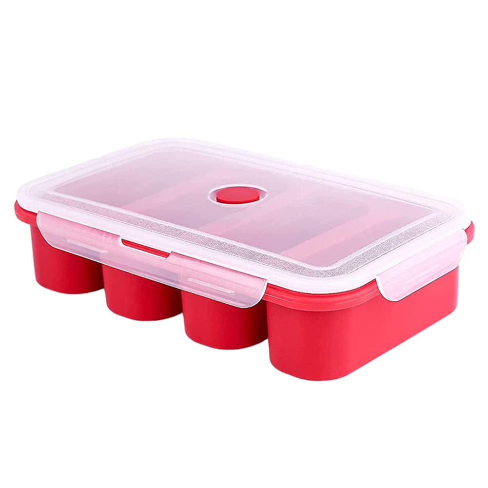 Vassoio per congelatore in silicone Garvee a 4 celle per zuppe, brodo e salse, 4 cubetti con coperchi, conservazione degli alimenti, rosso