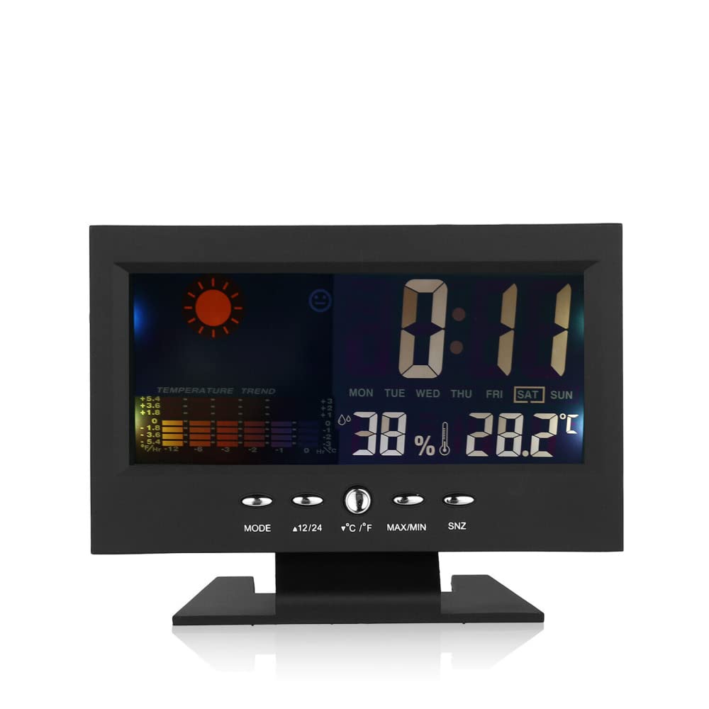 Sveglia digitale a LED Garvee con display di temperatura e umidità per camera da letto e soggiorno, alloggiamento in plastica, display 12/24 ore, funzione snooze, compatta, nera