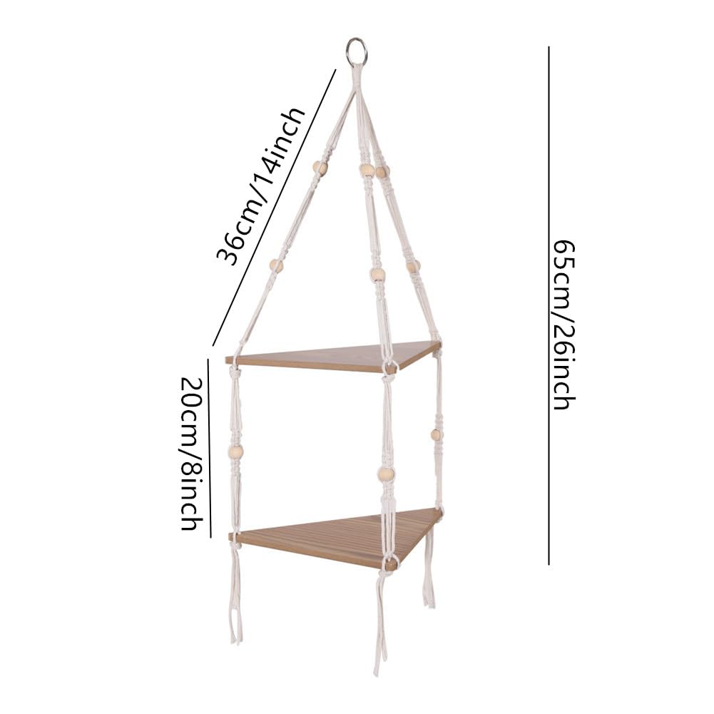 Mensola sospesa Garvee a 2 livelli angolare con corda in legno rustico, stile boho, porta piante regolabile per soggiorno e giardino