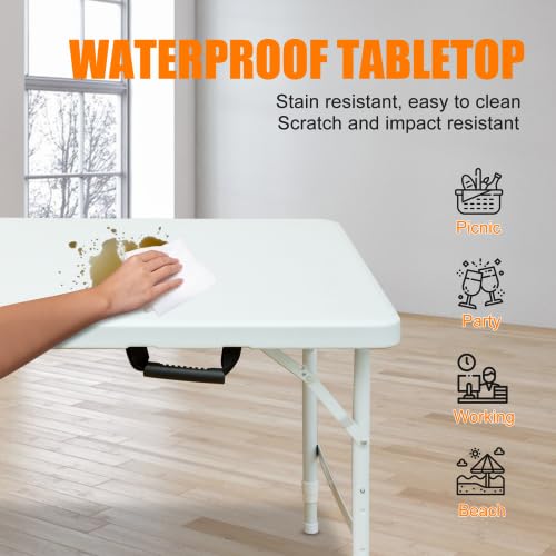 Tavolo pieghevole Garvee da 4 piedi, resistente, portatile, piedini antiscivolo, regolabile, in plastica, impermeabile, bianco, per uso interno ed esterno