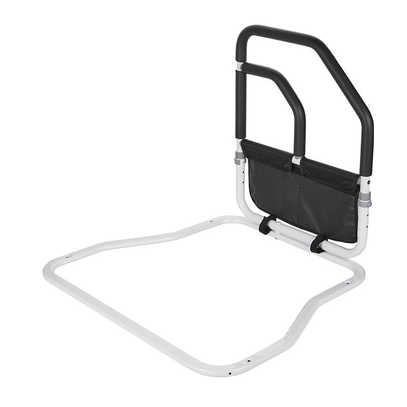 Garvee Barriera di sicurezza per letto per anziani con doppio corrimano, borsa portaoggetti, telaio in acciaio, nero, 68x63x62 cm
