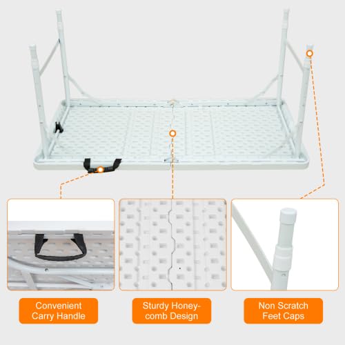 Tavolo pieghevole Garvee da 4 piedi, resistente, portatile, piedini antiscivolo, regolabile, in plastica, impermeabile, bianco, per uso interno ed esterno