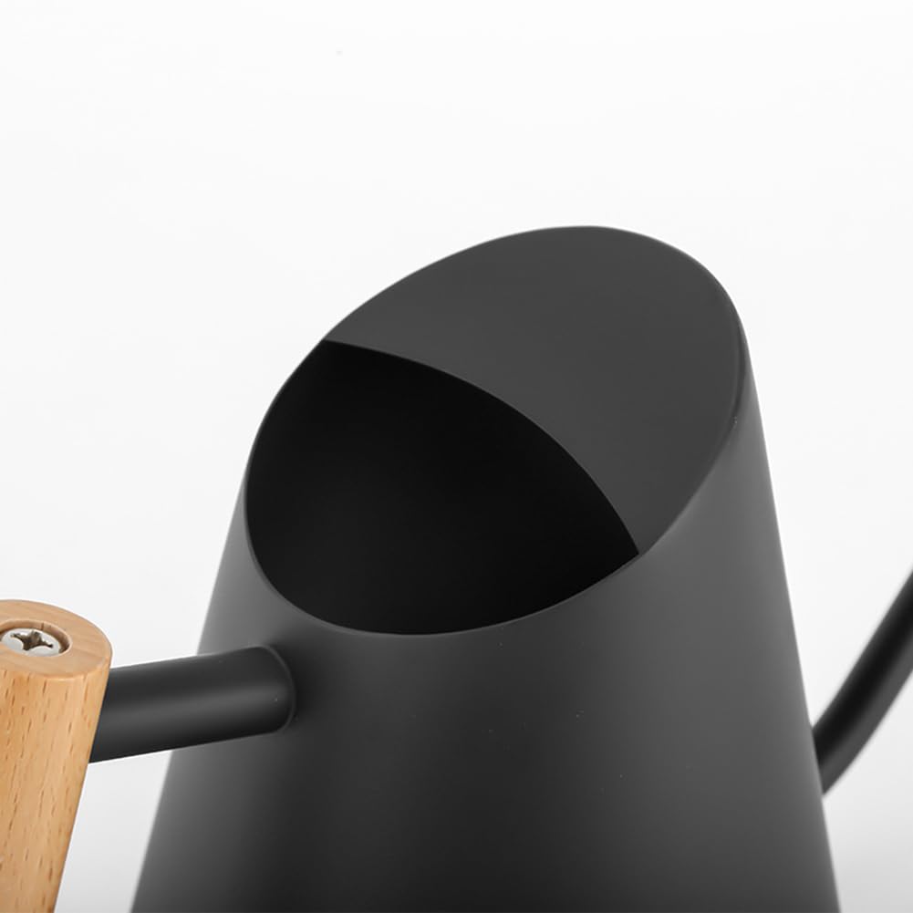 Annaffiatoio per fiori in acciaio inox Garvee da 900 ml con beccuccio lungo e manico in legno per piante da appartamento, nero, antigoccia, antiruggine