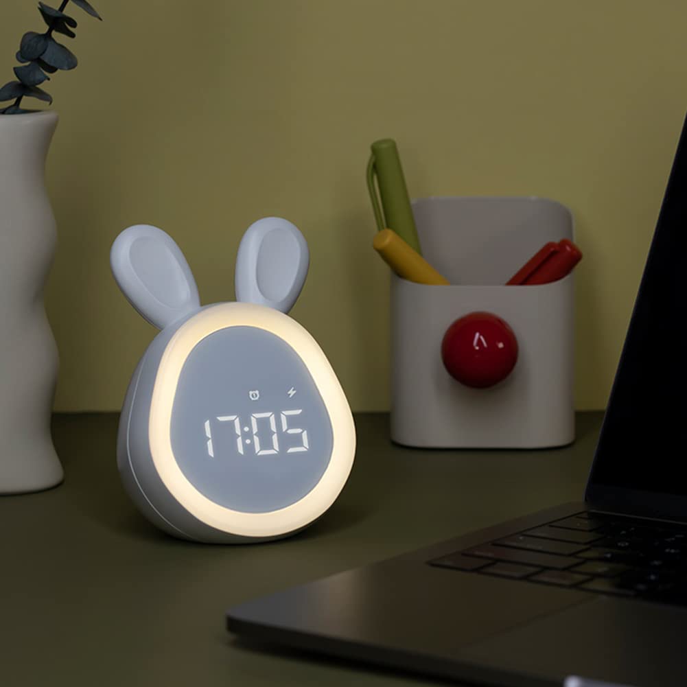 Sveglia per bambini GARVEE con design a forma di coniglio, LED digitale, doppio allarme, suoneria regolabile, luce notturna soffusa, bianca, perfetta per la cameretta dei bambini
