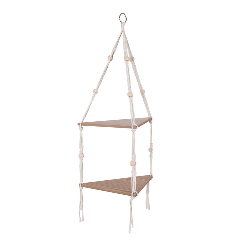 Mensola sospesa Garvee a 2 livelli angolare con corda in legno rustico, stile boho, porta piante regolabile per soggiorno e giardino